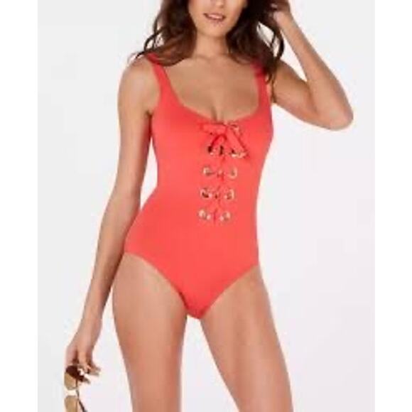 Michael Kors Sea Coral Lace-Up One-Piece Swimsuit - Sz 8 - Picture 1 of 6